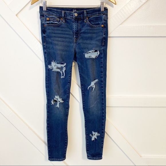 Gap Soft True Skinny Distressed Mid Rise Ankle Denim Jeans Dark Indigo Sz 4/27 - Picture 1 of 11